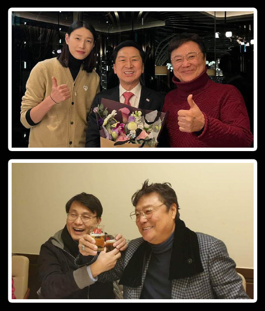 <위>국민의힘 당권주자인 김기현 의원이 배구선수 김연경씨, 가수 남진씨와 함께 촬영한 사진을 자신의 페이스북에 게재해 논란이 되고 있다. <아래> 국민의힘 당권주자인 윤상현 의원이 김 의원의 논란이 불거진 뒤 가수 남진씨와 함께 찍은 사진을 자신의 페이스북에 게재했다. 김기현 의원 페이스북·윤상현 의원 페이스북 갈무리